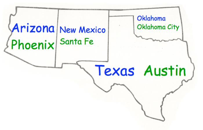 Southwest region states and capitals map